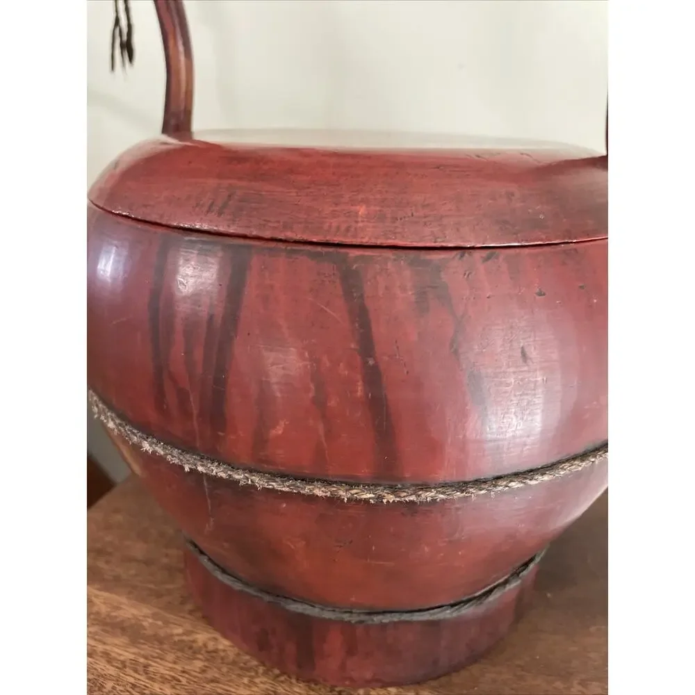 PRIMITIVE ANTIQUE CHINESE RED LACQUER WEDDING OR RICE BASKET WOOD HANDLE